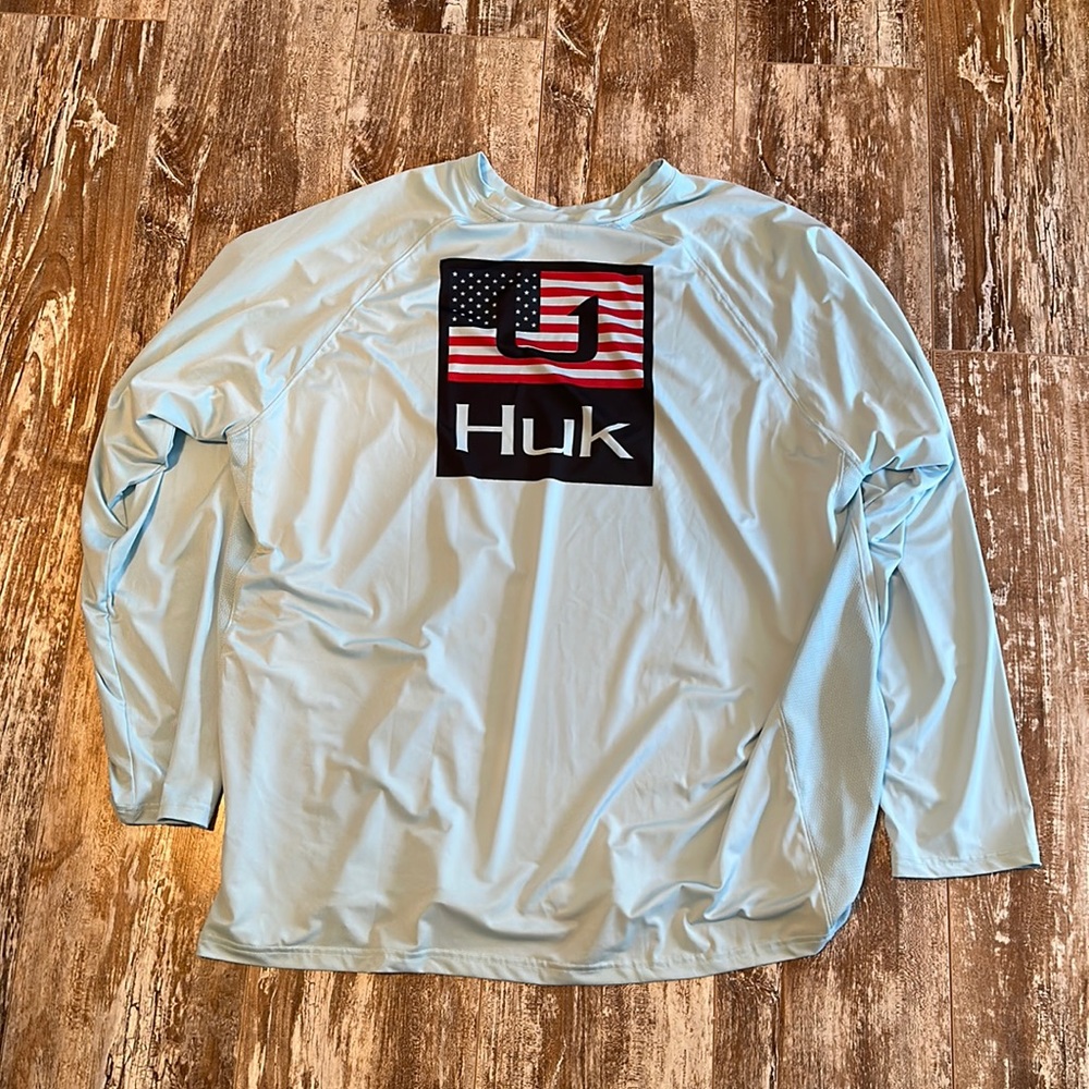 Huk Light Blue Long Sleeve Shirt with American Flag Square Logo